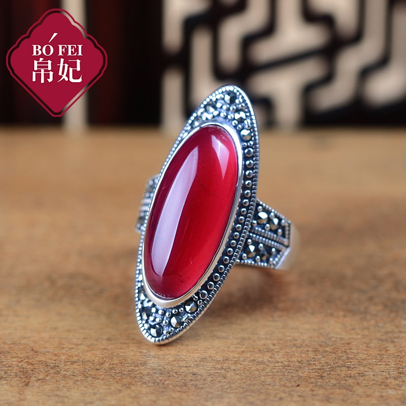 925 Silver Vintage Thai Silver Large Gemstone Red Corundum Ring for Women, Adjustable Agate Ruby Exaggerated European and American Style