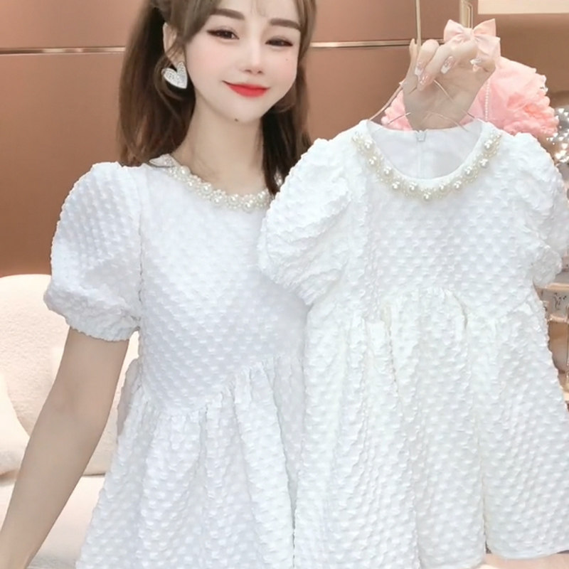 Original light and luxurious children's clothing ~ Ocean Fried Street Parent-child Girl Dress Girl Foreign Dress 2022 Spring Summer Clothing Short Sleeves Skirt