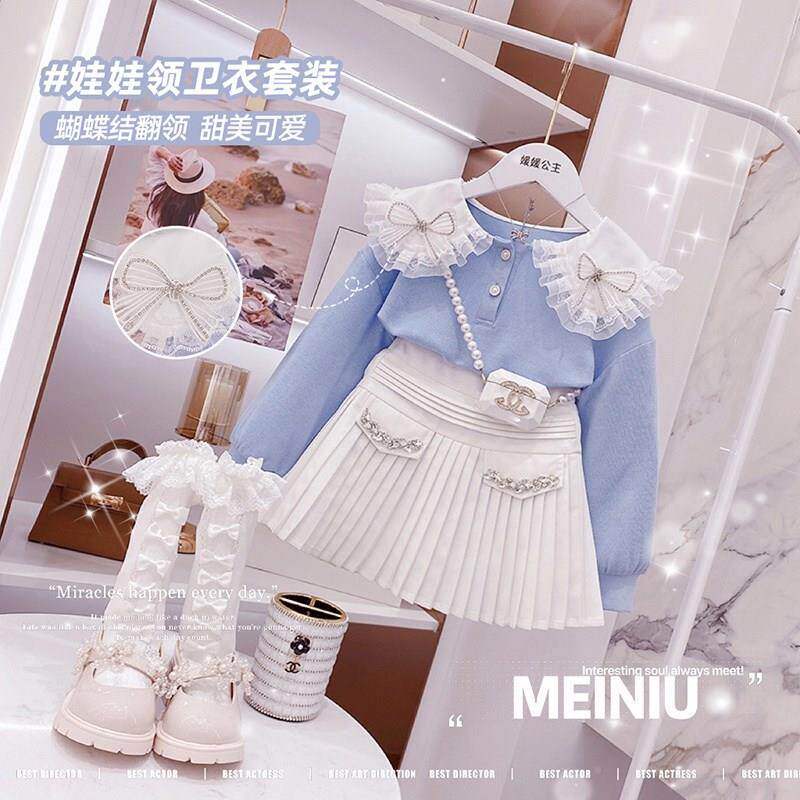 Girls' thick T-shirt suit 2022 spring new children's sweet bow pleated skirt girl treasure princess skirt two-piece set