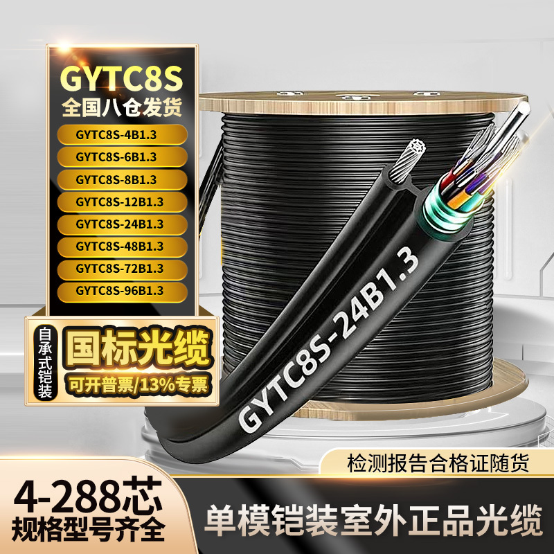 Gytc8S Single-Mode Armored Outdoor Self-Supporting National Standard Optical Cable, Stranded Aerial Figure-8 Optical Cable, 4/6/8/12 Cores