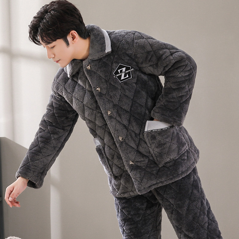 Pyjamas men's winter three-layer thickened laminated cotton gushed coral suede suit autumn and winter style flannel warm family clothing