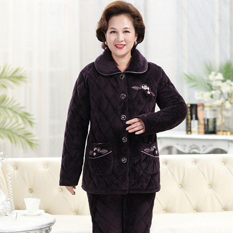 Pajamas Lady Autumn Winter Style Three Layers Thickened Clip Cotton Warm Coral Suede Elderly home Suits Mom Suit