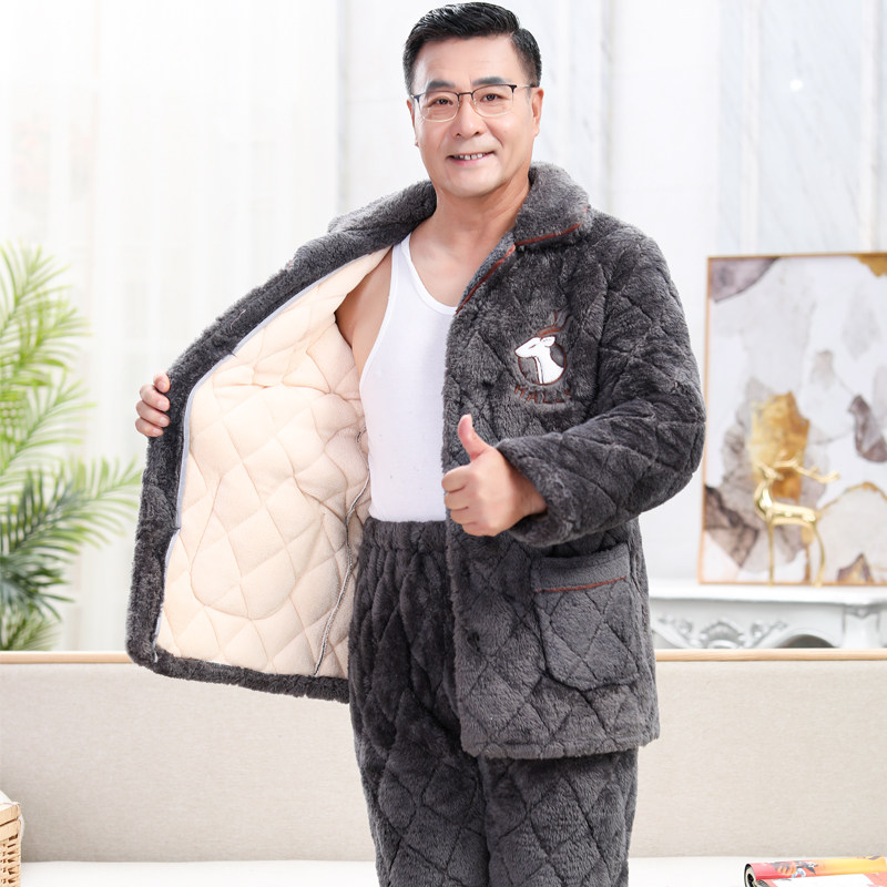 Pajamas Winter Men's Three-Layer Thick Coral Fleece Warmth Plus Fleece Middle-aged Dad Autumn/Winter Homewear Set