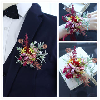 原创森系新中式红色婚礼新郎新娘结婚胸花父母亲手腕花拍照道具