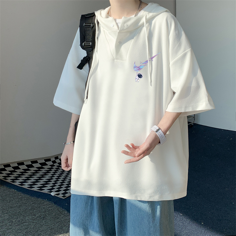 Ice Silk Hooded T-Shirt for Men 2024 Summer Thin Style Youth Short-Sleeved Trendy Brand Loose Large Size Sweatshirt for Middle and High School Students