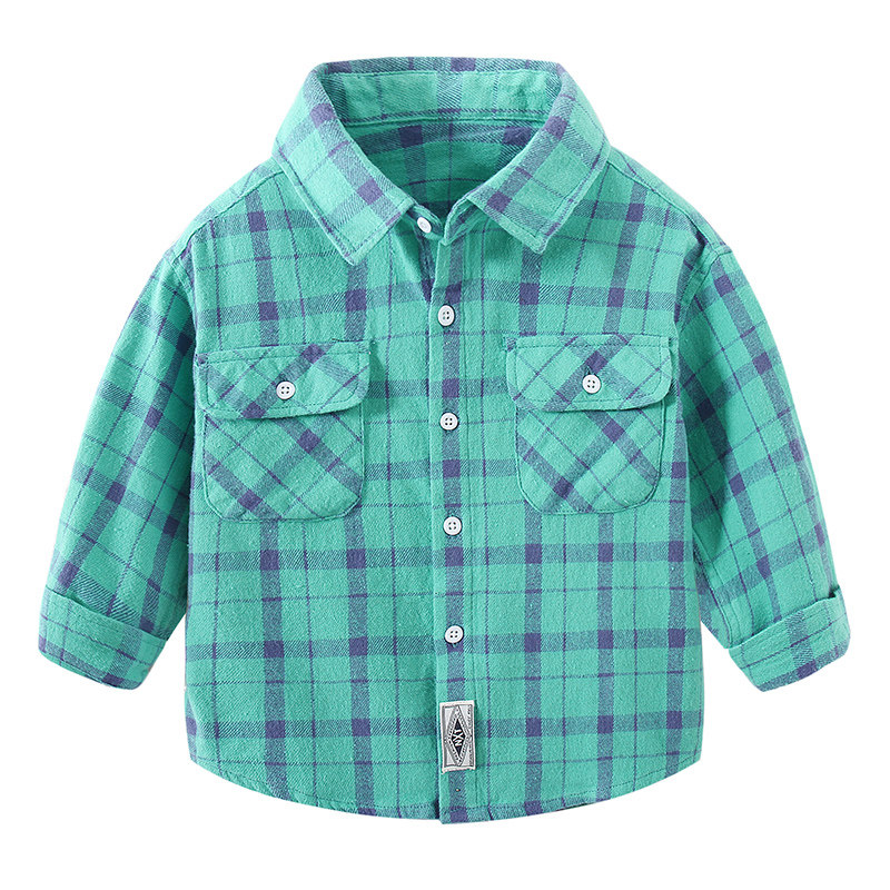 Children's long-sleeved shirt cotton 2022 autumn boy's brushed plaid shirt baby lapel top coat 9920