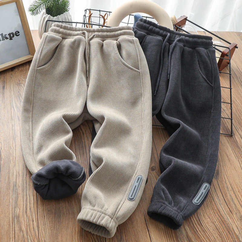 Boy Integral Suede Sports Pants Plus Suede Suede Pants 2023 Winter Great Boy Children Thickened Cotton Pants 6302-Taobao