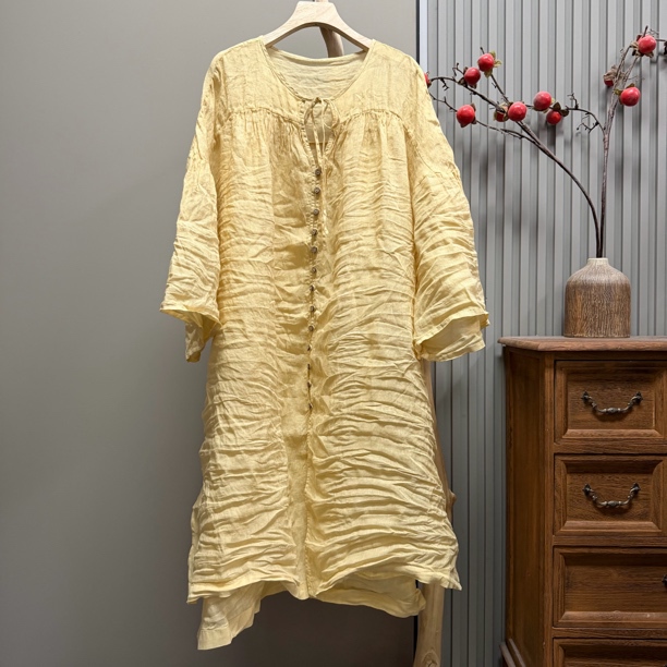 85328 Linen Long Robe with Multiple Buttons and Drawstring (Length 100-110cm, Bust 160cm)