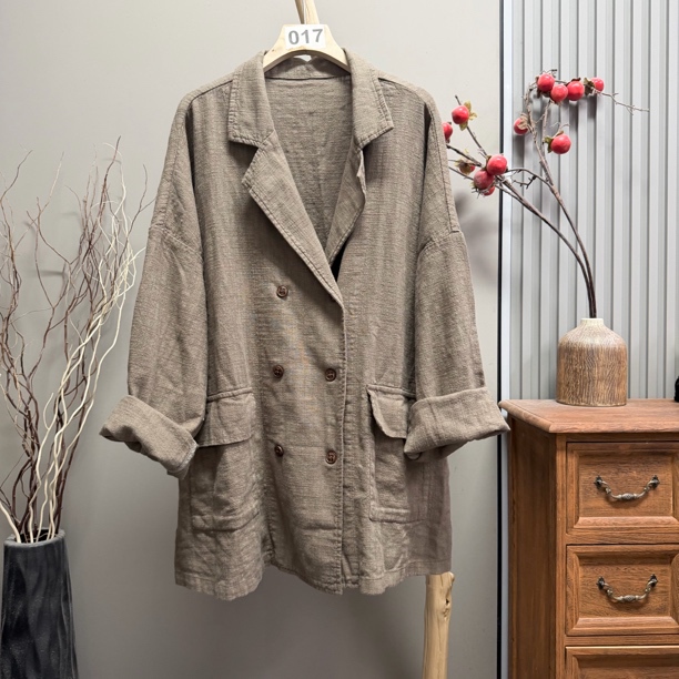 77010 Linen Lapel Mid-Length Flap-Style Trench Coat (Length 75cm, Bust 140cm)