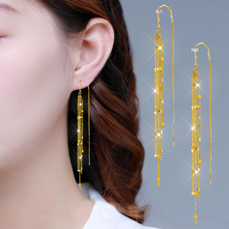 S925 Pure Silver Earrings Long Version Flow Suearrings Woman Han Version Online Red Round Face Temperament New Sexy Anti-Allergy Earrings
