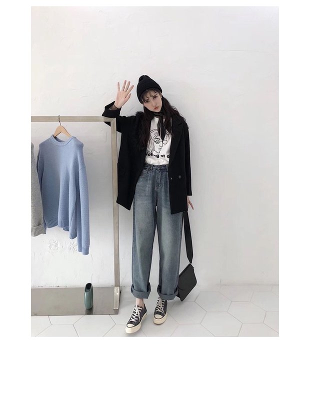 Mùa xuân và mùa hè mới retro Hồng Kông hương vị chic gió đơn giản lỏng lẻo nút cá tính hoang dã thắt lưng quần jeans nữ quần bò nữ