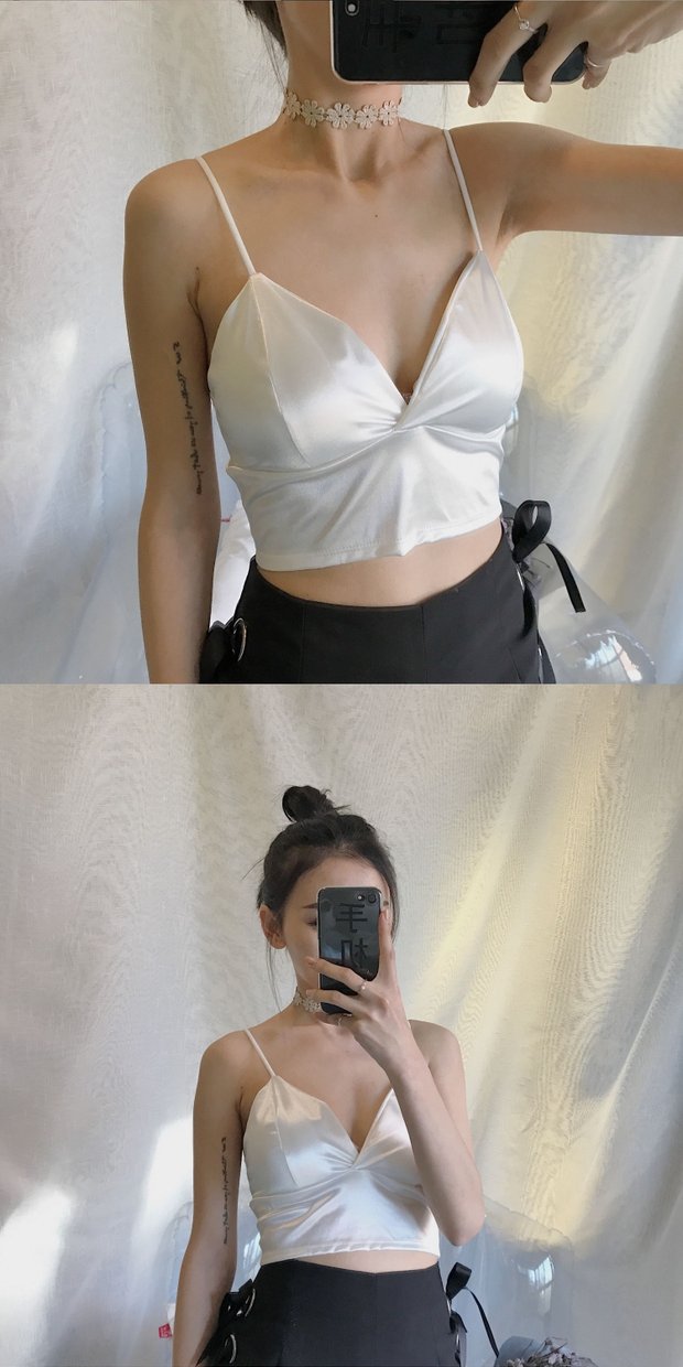 Mùa hè mới Hàn Quốc retro chic gió gợi cảm hoang dã đoạn ngắn không có vòng thép satin V-cổ sling áo bánh bèo