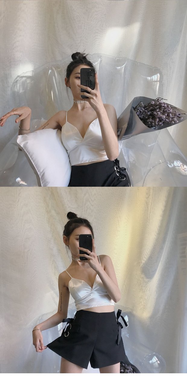 Mùa hè mới Hàn Quốc retro chic gió gợi cảm hoang dã đoạn ngắn không có vòng thép satin V-cổ sling áo bánh bèo