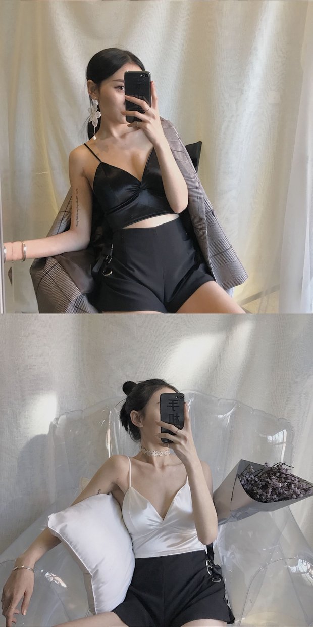 Mùa hè mới Hàn Quốc retro chic gió gợi cảm hoang dã đoạn ngắn không có vòng thép satin V-cổ sling áo bánh bèo