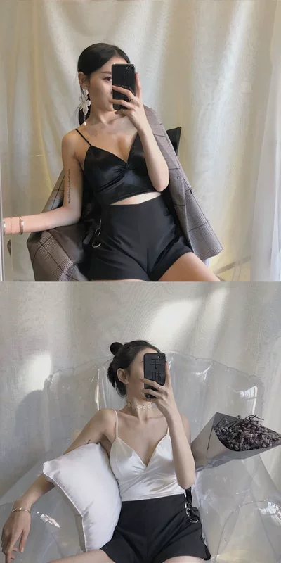 Mùa hè mới Hàn Quốc retro chic gió gợi cảm hoang dã đoạn ngắn không có vòng thép satin V-cổ sling áo kiểu nữ đẹp tuổi 35