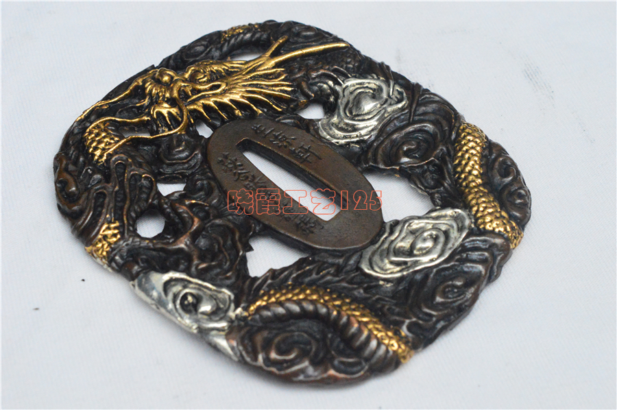 精彫銅装鎏金鎏銀月夕花晨 古兵器 武具 刀装具 日本刀 模造刀 居合刀