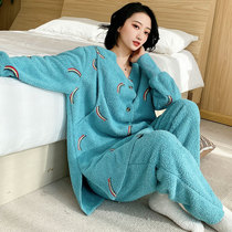 Pregnant Woman Sleepwear Big Code 200 Catty Winter Coral Suede Adjustable Moon Subsuit Thin Suede Home Dress Woman Fat Mm