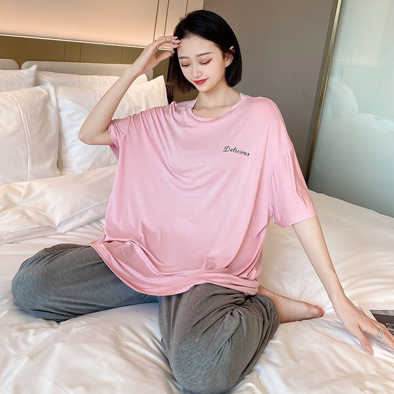 Modal pajamas women's large size 200 catties summer short-sleeved trousers home clothes fat mm thin section plus fertilizer to increase suit