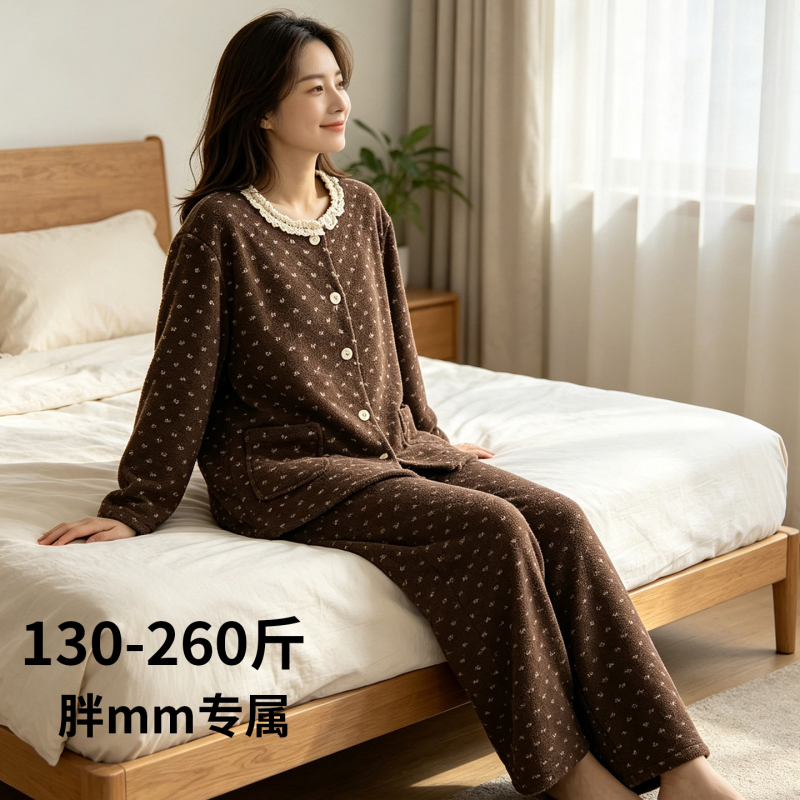 Coral Fleece Pajamas, Plus Size, for Chubby Women, Autumn and Winter, Warm, Can Be Worn Outside, Two-Piece Loungewear Set for Women, 100kg Extra Large Size