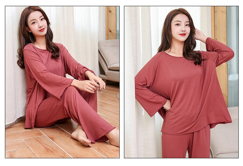 Modal pyjama dài tay phù hợp với phụ nữ mỏng phần lỏng lẻo mùa hè phòng máy lạnh quần béo mm kích thước lớn dịch vụ nhà mùa xuân và mùa thu - Bộ Pajama bộ nỉ nữ mùa đông