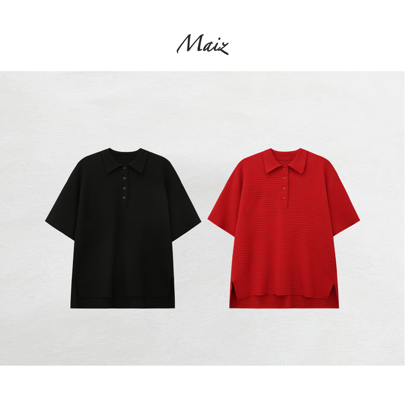 Zheng Maimai Waffle Knit Autumn New Style Slimming Polo Collar Plus Size Women's Textured Knit Short Sleeve Top
