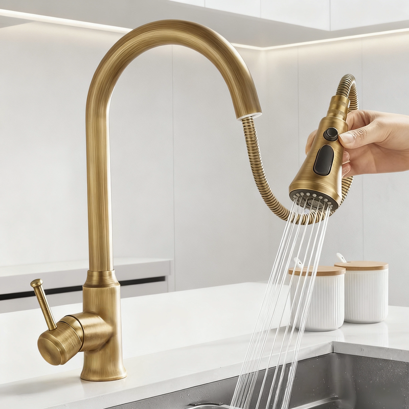 Kitchen Pull-Out All-Copper Hot and Cold Water Faucet, Retractable Sink Faucet, Rotating Dishwashing Sink, Splash-Proof Retro Faucet