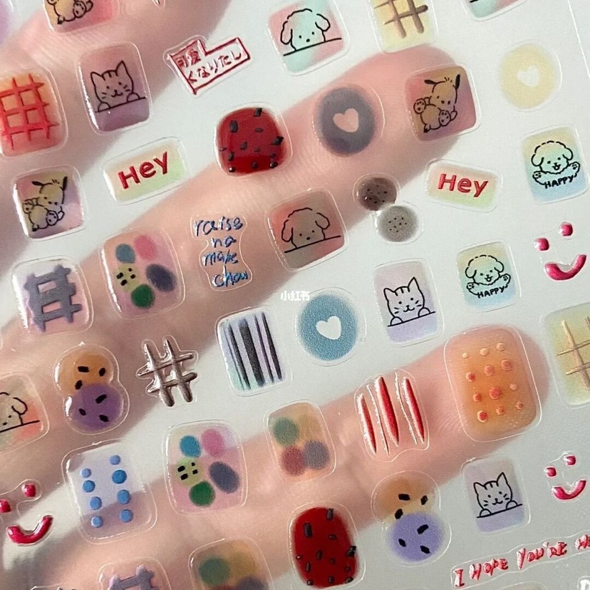 かわいいインサマーゼリーショートネイルステッカー、面白いネイルステッカー、透明な立体ステッカー、エンボス加工された立体ステッカー