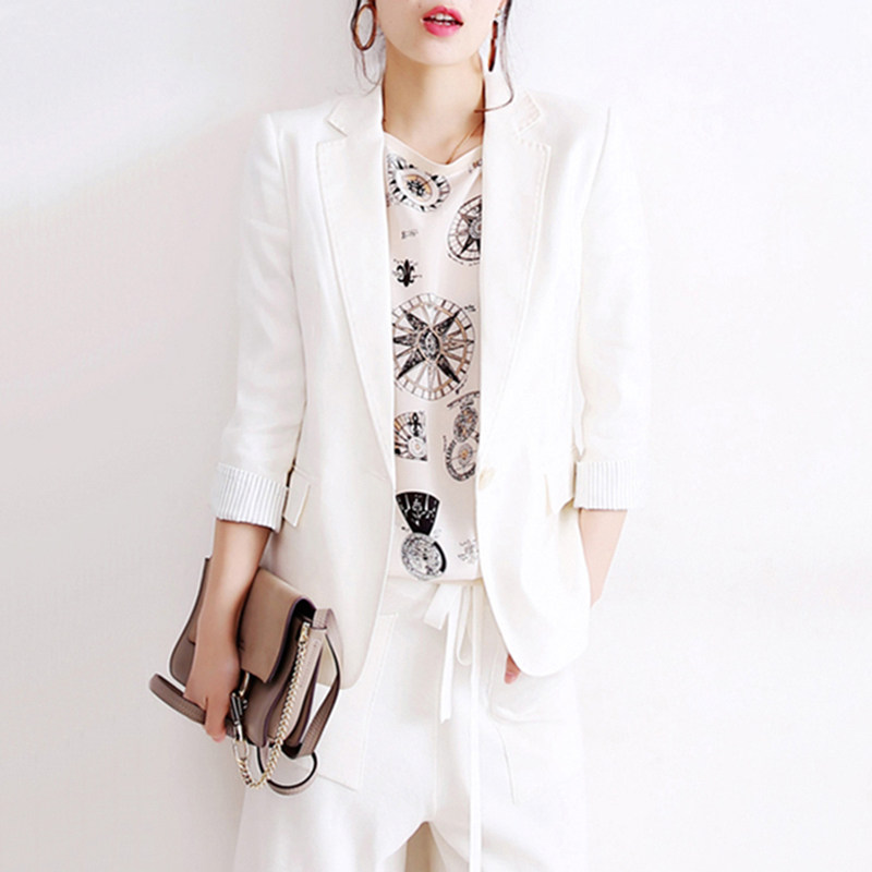 Cotton linen suit jacket woman 2022 Spring Summer new Korean version chic white small western suit casual linen jacket