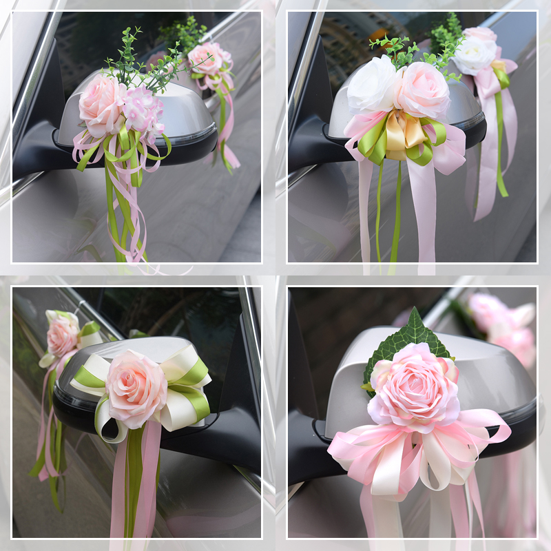 Main wedding gift car replica car decorated rear mirror car handle door Fleet arrangement silk with small flower knot wedding supplies