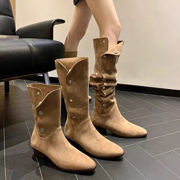 Korean retro suede apricot two-wear western boots 2025 new pile short boots medium heel thick heel knight boots