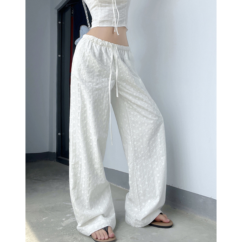 Miancun Heavy Embroidery Daisy White Wide-Leg Pants Women's Drawstring Straight Casual Pants Loose Lazy Long Pants