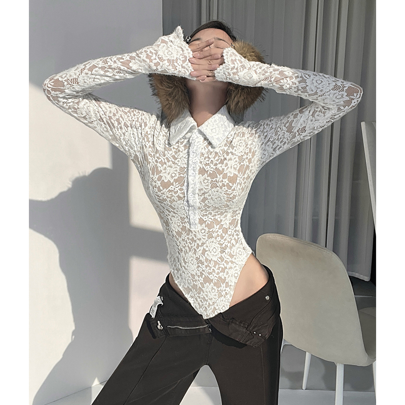 Miancun French-Style Sexy Lace Hollow-Out V-Neck Long-Sleeve T-Shirt for Women, Slim Fit, Early Spring One-Piece Top