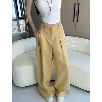 Miancun lazy style pleated pocket high waist wide leg pants summer new thin trousers loose casual pants for women