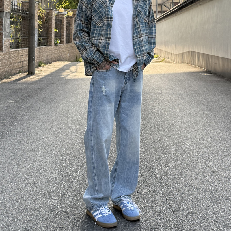 Left7 “2021M” Lightning Pattern Washed Blue Jeans for Men, Cleanfit Straight-Leg Distressed Casual Pants