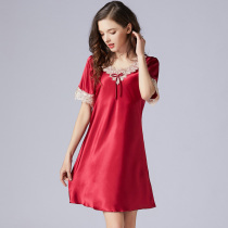 Pajamas Women summer short sleeve loose size summer ice silk nightgown sexy lace thin silk home dress