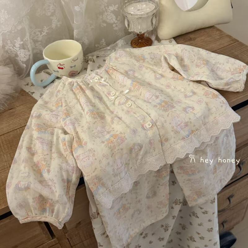 Girls' Home Wear Set in Large and Small Sizes, Autumn Cotton Gauze 2026 New Style, Pure Cotton Long-Sleeved Pajamas for Girls and Children