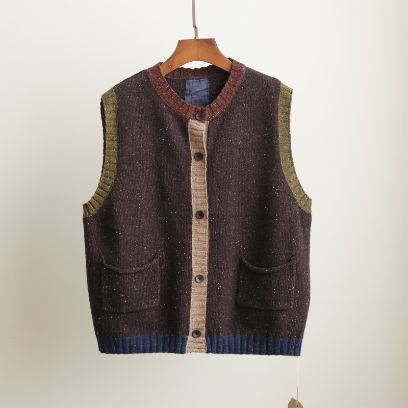 Tea Vintage Patchwork Color Dot Wool Vest Earth Tone Color-Blocking Handmade Sleeveless Knitted Vest Round Neck Sweater