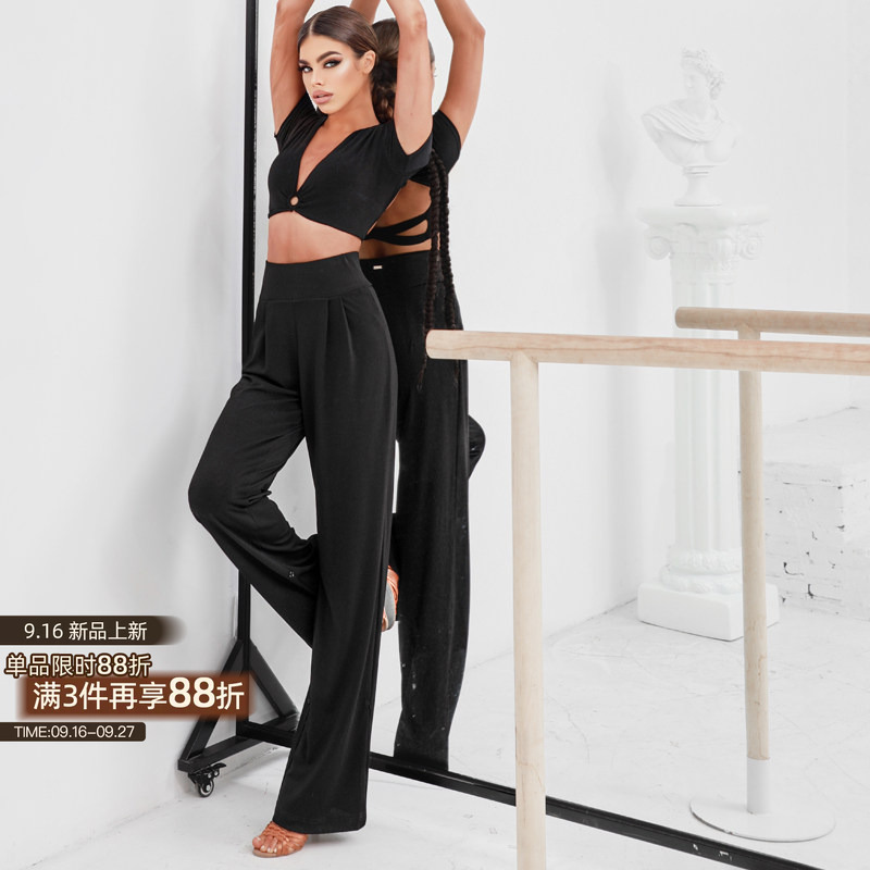 Zym【Energy Can】High-Waisted Wide-Leg Pants with Two Wearing Styles, Latin Dance Practice Pants for Women 2138
