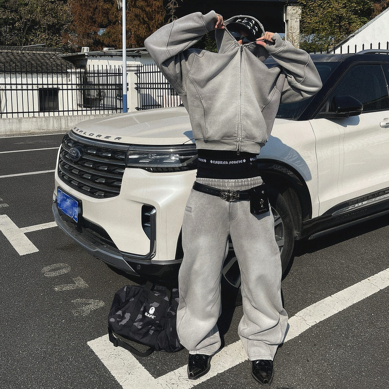 Mergelab Heavy-Duty Washed Short Wide Ninja Hoodie Sweatshirt with Scimitar Pants Air Layer Relaxed [Dog Walking Set]