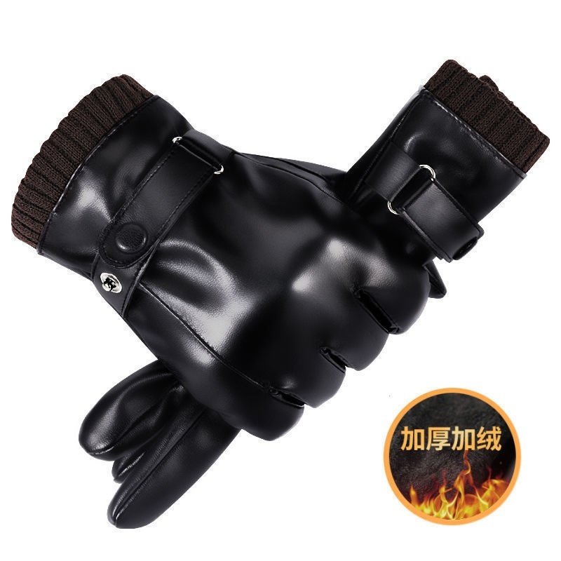 Men's winter leather gloves men's plus velvet thick warm windproof waterproof winter riding a motorcycle riding plush touch screen