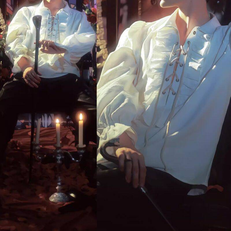 Retro Cuff Ruffle Drawstring Long-Sleeve Shirt for Men and Women, European and American Internet Celebrity Style, Unique Palace-Style Shirt, Trendy New Chinese Style