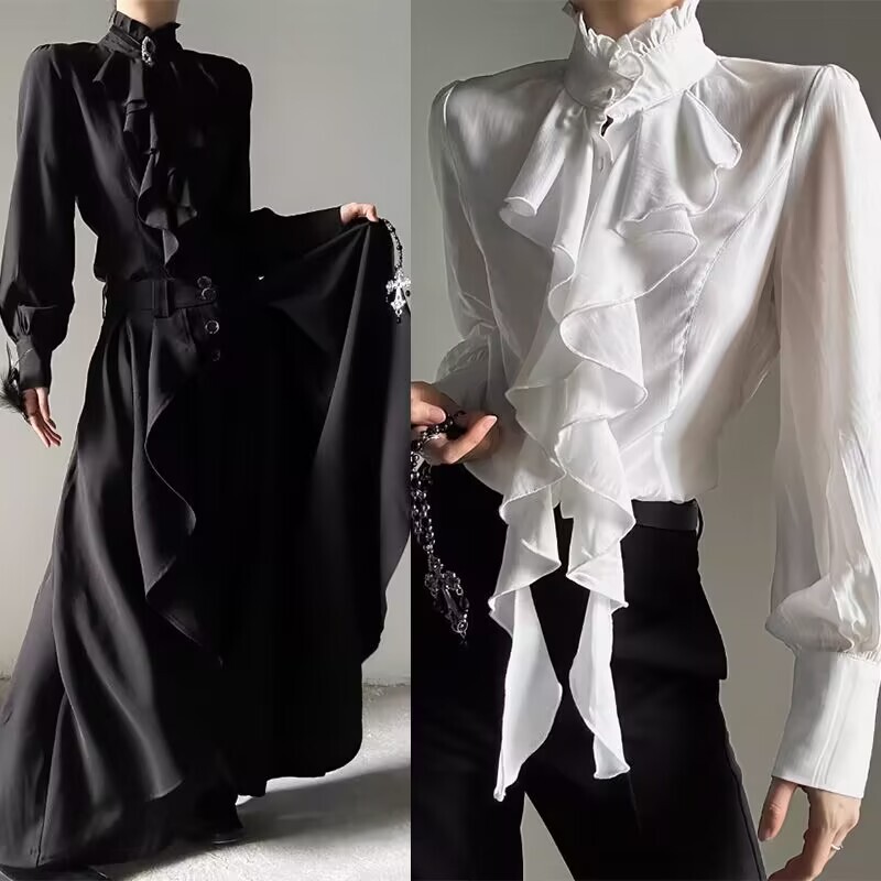 Medieval High-End Shirt for Men with Stand Collar, Retro Ruffled Edge, Palace Style, French Design Shirt