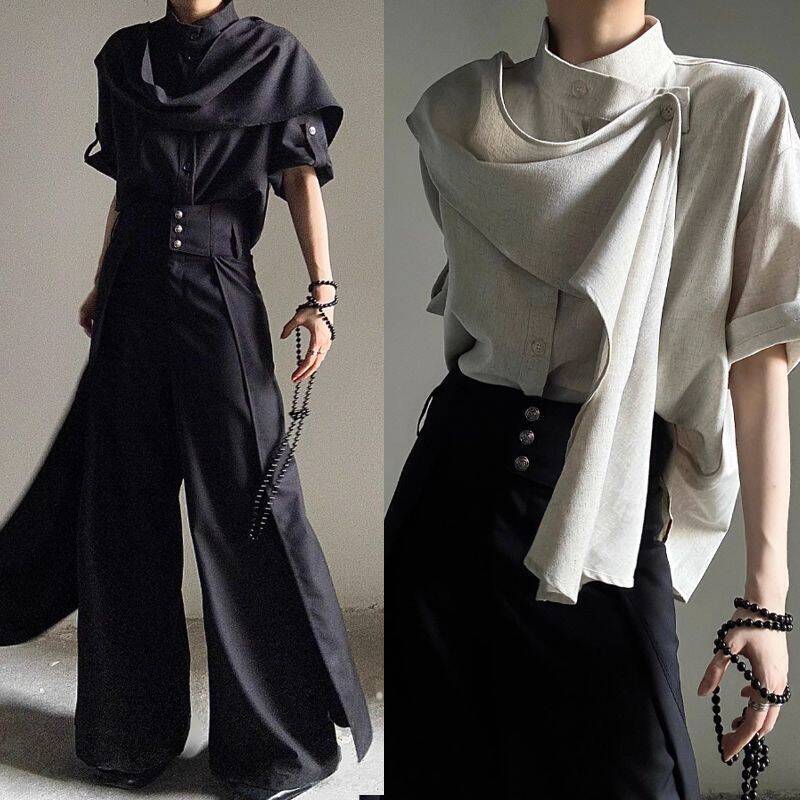 Lazy and Dark Yohji Yamamoto Style Irregular Ribbon Short-Sleeved Shirt for Men and Women, Niche High-End Loose Shirt