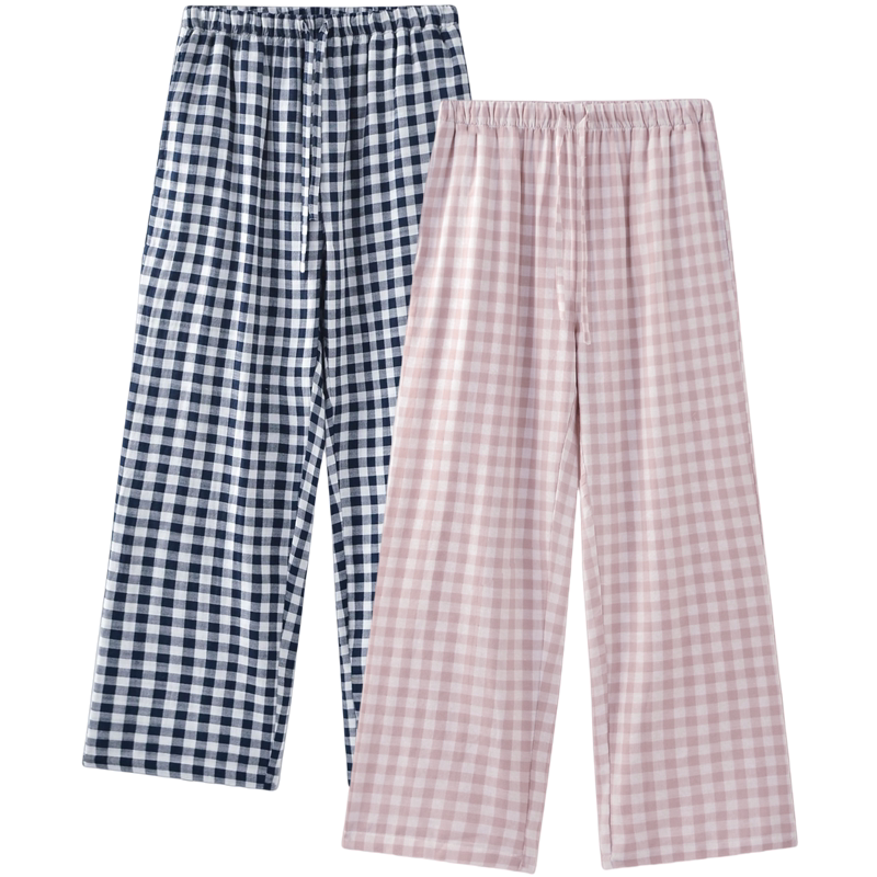Japanese Single Quality Gauze Cotton Casual Loose Pajamas Women's Summer Men's Home Pants Simple Men's and Women's Plaid Air-Conditioned Pants