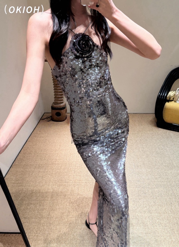 Okioh Correct Mag* French-Style Sequin Embellished Halter Dress for Women, Backless Slim-Fit Dress