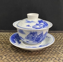 Jingdezhen porcelain high white clay firewood fired Qianli Jiangshan underglaze color Sancai bowl high-end tea set home gift