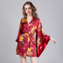 Dressing gown Women spring and summer long-sleeved red bride wedding morning gown Dragon and Phoenix auspicious large wide sleeves silk kimono pajama dress