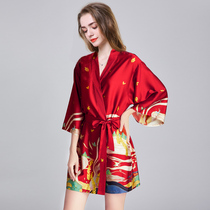 Summer short-sleeved nightgown womens thin pajamas Short sexy nightgown large-size bathrobe red bridal morning gown ice silk thick