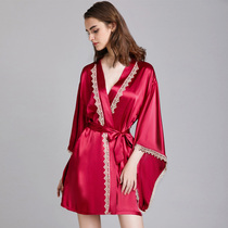 Nightgown women summer ice silk sling nightgown bathrobe Life-long nightgown red morning robe female bride wedding ceremony festive