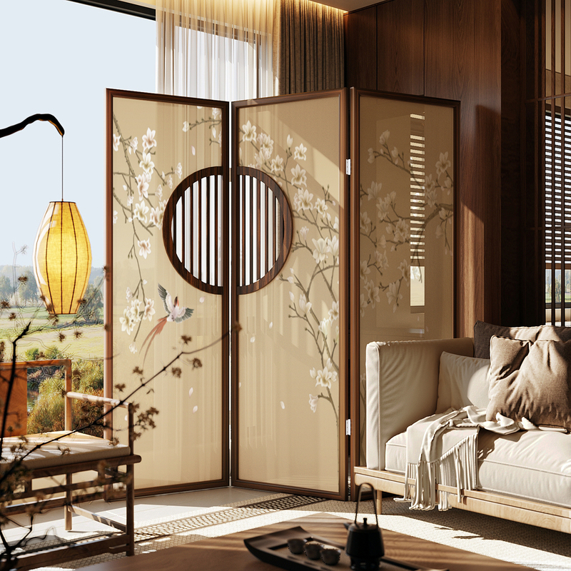 Song Dynasty Aesthetic Round Window Grille Screen, New Chinese-Style Home Decoration, Foldable and Movable, for Living Room Entryway Partition